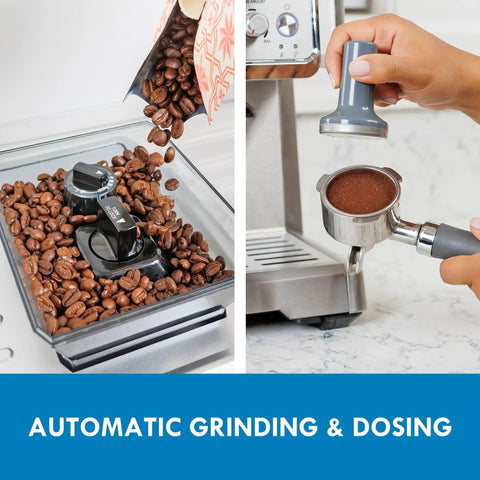 Kickstart Your Daily Grind With This Automatic Espresso Machine Featuring A Built In Bean Grinder Milk Frother And Hassle Free Auto Cleanup For Top Shelf Barista Style Lattes Right At Home Today showing coffee beans being ground and tampered.