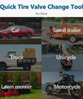 Quick tire valve change tool for car, small trailer, truck, unicycle, lawn mower, motorcycle visible in labeled images.
