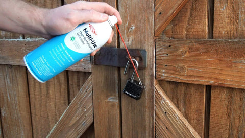Applying All-Around Multi-Use Lubricant Spray With Corrosion Protection, Long-Lasting Wet-Style Formula For General Use to gate lock