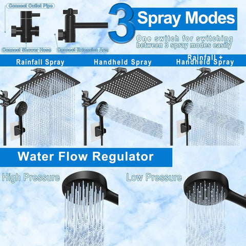 10 Inch Rainfall Shower Head And Handheld Combo with 11 Inch Arm Anti Leak Design Adjustable Height Four Spray Modes Display