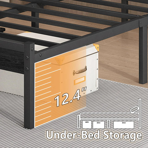 14 Inch Full Size Metal Platform Bed Frame Featuring A Tall Headboard, Rock Solid Steel Slat Support, Built In Led Lighting And Dual Usb Ports, Spacious Under Bed Storage, Zero Box Spring Drama, Smooth Noise Free Sleep, And Easy Peasy Setup with visible under-bed storage measuring 12.4 inches.