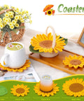 Beginner Crochet Kit Starter Set With Coasters And Plant Pot Projects displayed with sunflower coasters and decorative setup