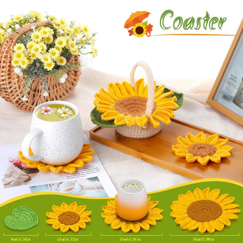 Beginner Crochet Kit Starter Set With Coasters And Plant Pot Projects displayed with sunflower coasters and decorative setup