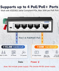 Rugged 5 Port PoE+ Industrial Switch With 4 PoE+ Ports And 1 Uplink, shown with data and power indicators for industrial use