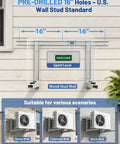 Heavy Duty Mini Split Wall Mount Bracket for Outdoor Units with spirit level and pre-drilled 16-inch centers, wood, concrete, brick compatibility.