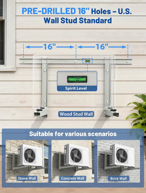Heavy Duty Mini Split Wall Mount Bracket for Outdoor Units with spirit level and pre-drilled 16-inch centers, wood, concrete, brick compatibility.