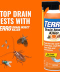 Terro Drain Insect Killer spray can with illustrations of various pests, effective against drain flies, fruit flies, and cockroaches.