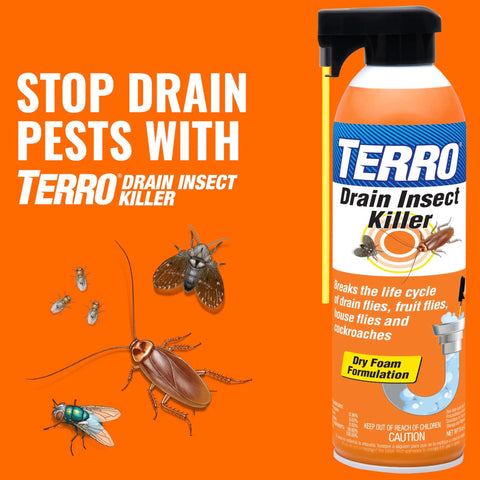 Terro Drain Insect Killer spray can with illustrations of various pests, effective against drain flies, fruit flies, and cockroaches.