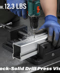 4 Inch Drill Press Vise Beefy Heavy Duty Solid Cast Iron Bench Vise With V Groove Jaws For Precision Drilling In Metalworking And Woodworking Rock Solid Stability Smooth Guide Rails And Easy One Hand Clamp, drill press vise clamping aluminum tube