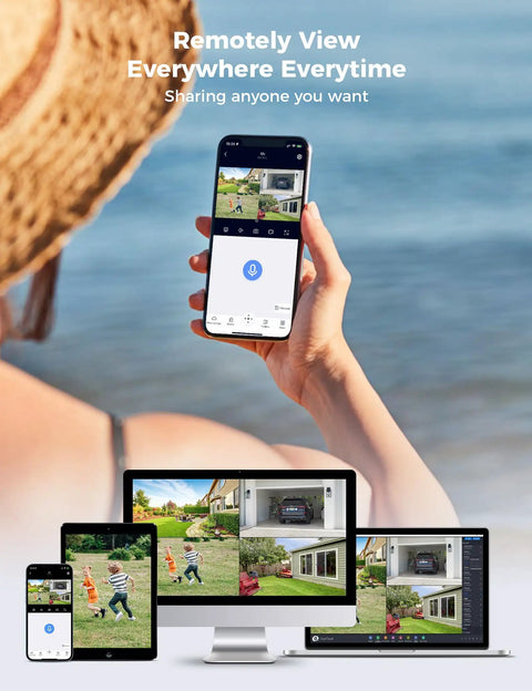 Person using smartphone to view 5MP Wireless Security Camera System With 8 Cameras Including PTZ And Bullet, 3TB HDD, on devices