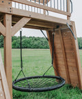 Cedar Wood Swing Set With Wave Slide And Raised Clubhouse Plus Balcony featuring web swing and climbing wall.