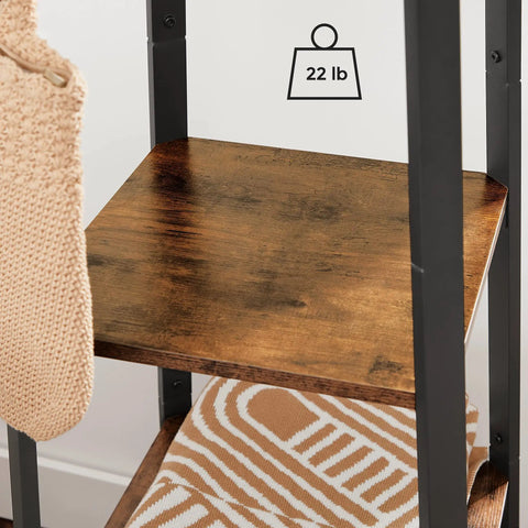 Dope Industrial Coat Rack With Three Shelves And Hooks For Scarves Bags And Umbrellas, showing a rustic brown shelf detail.