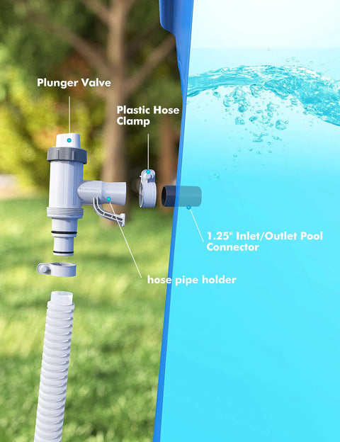 Above Ground Pool Hose Adapter With Plunger Valve And Pipe Holder Replacement Parts Kit For Pool Pump System One Step Flow Stop 2 Pack Durable And DIY Friendly Install 1.25-inch hose clamp