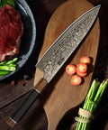 8 Inch Damascus Chef Knife 33 Layer Copper Pattern V Shaped Blade on cutting board with carrots and meat.