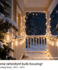 24-Pack LED S14 String Light Bulbs, 1W Shatterproof Plastic Edison Style, Warm White 2200K, on a snowy porch
