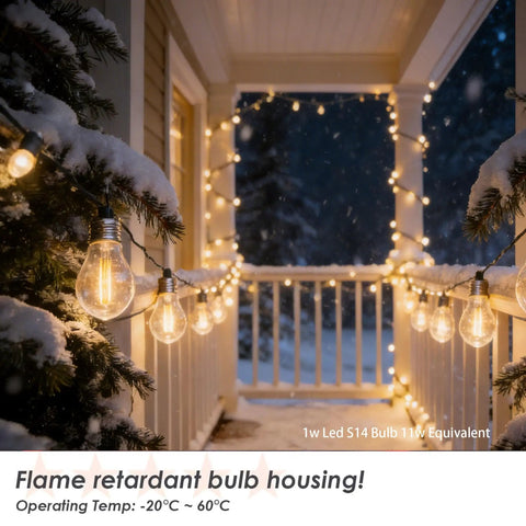24-Pack LED S14 String Light Bulbs, 1W Shatterproof Plastic Edison Style, Warm White 2200K, on a snowy porch