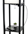 Black Floor Lamp Etagere Organizer With Linen Shade 3 Shelf Storage Stand Built In USB Ports And Charging Outlet Cozy Accent Lighting For Living Room Or Bedroom Easy Pull Chain On Off with phone and plant on shelf
