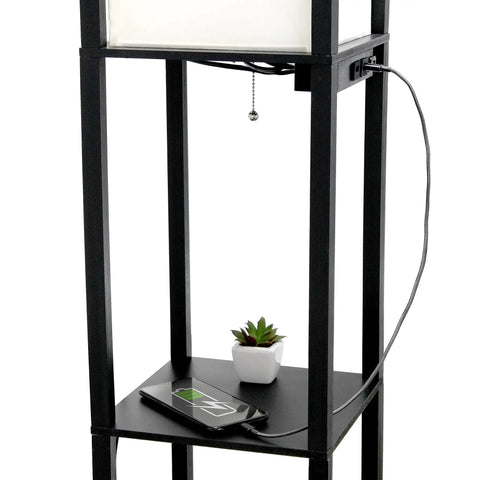 Black Floor Lamp Etagere Organizer With Linen Shade 3 Shelf Storage Stand Built In USB Ports And Charging Outlet Cozy Accent Lighting For Living Room Or Bedroom Easy Pull Chain On Off with phone and plant on shelf