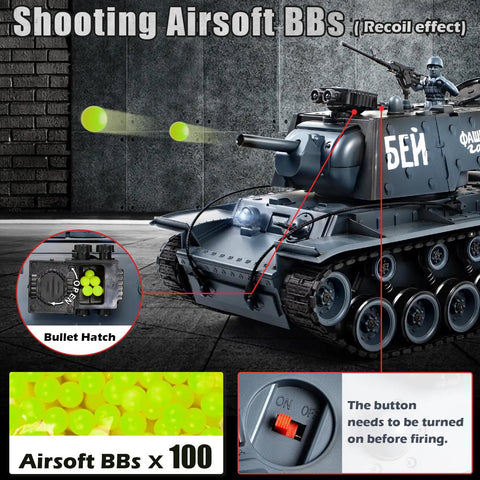 1 18 Scale KV1 RC Tank With Smoke Lights And Sound 2.4GHz Remote Battle Ready Army Toy For Adults And Kids 15 Channel Military Vehicle With Realistic Engine Roar Turret Rotation Barrel Elevation And Shooting Recoil shooting airsoft BBs with recoil effect and bullet hatch detail