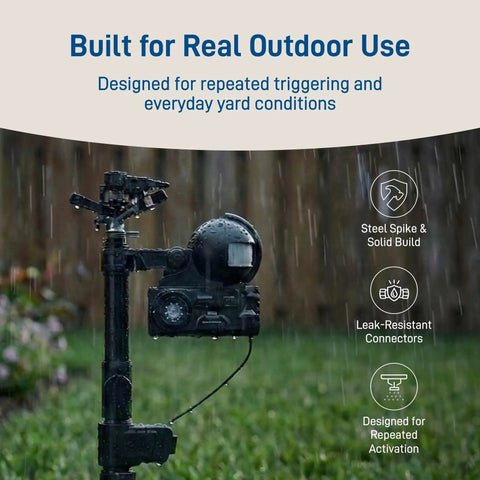 Motion Activated Sprinkler Yard Guard shown in rainy conditions, highlighting durability and steel spike design for outdoor animal deterrent.
