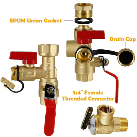 3/4 Inch IPS Tankless Water Heater Isolation Kit Easy Install With Pressure Relief Valve Brass Construction Includes Hot And Cold Valves Full Port Ball Valve Integrated Drain Valve And Safety Cap