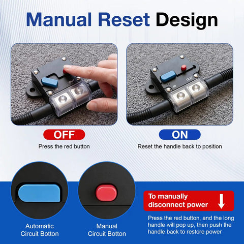 Heavy Duty 50 Amp Circuit Breaker With Manual Reset Switch 12 To 48 Volt DC showing reset button and ON/OFF functionality.