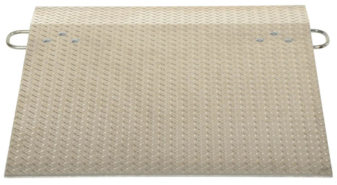 Hella Reliable Premium Aluminum Dock Plate Ramp Bridges The Gap Between Freight Trucks And Warehouse Docks For 500 Lb Loads With Secure Locking Metal Legs, top view showing treadplate surface.