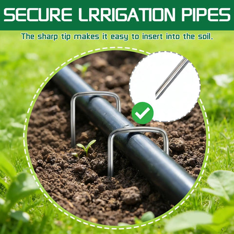 Heavy Duty Galvanized Garden Stakes 5 Inch 25 Pack With Anti Rust Ground Pins For Weed Barrier Fabric supporting irrigation pipe in garden soil.