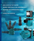 Alpine PEG3000 submersible pond pump, teal and black, with five hose adapters.