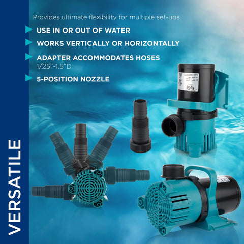 Alpine PEG3000 submersible pond pump, teal and black, with five hose adapters.