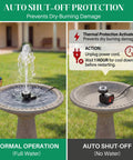 Bird Bath Fountain Kit With 12 LED Lights And A 24 Hour Submersible Pump With Light, auto shut-off protection feature