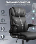 Image of Ergonomic Big And Tall Office Chair With Breathable Leather All Day Comfort Boss Level Back Support Adjustable Armrests showing support features and a skeleton demonstrating ergonomic benefits.