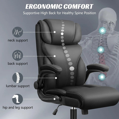 Image of Ergonomic Big And Tall Office Chair With Breathable Leather All Day Comfort Boss Level Back Support Adjustable Armrests showing support features and a skeleton demonstrating ergonomic benefits.