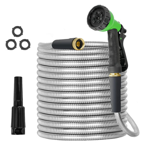 Heavy Duty Stainless Steel Garden Hose 150 Ft With Three Quarter Inch Brass Fittings, Kink Free And Rust Proof, Flexible Design