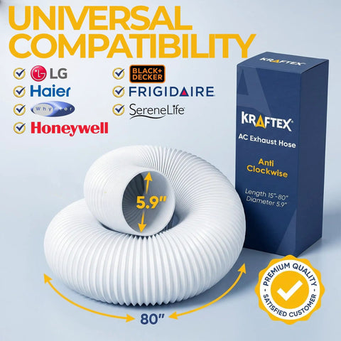 Heavy Duty Portable AC Exhaust Hose That Delivers No Fuss Cooling With 5.9 Inch Diameter Anti Clockwise Thread And Up To 80 Inch Length Universal Fit For LG Delonghi And More Flexible Polypropylene Vent Connector coiled with packaging