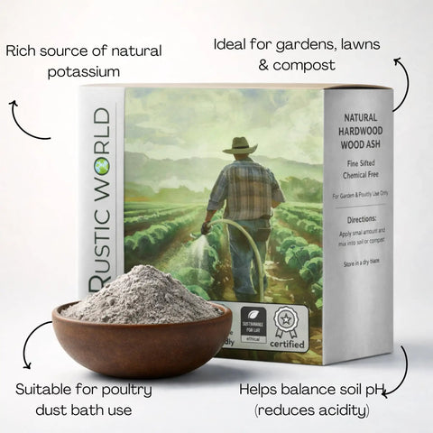 All Natural Hardwood Ash Fertilizer for Plants Potassium Rich Organic Soil Amendment for Garden Lawn Compost Indoor Outdoor Use Ultra Fine Texture Easy to Mix and Apply package with ash in bowl