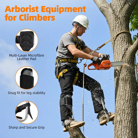 Man using Heavy Duty Aluminum Tree Climbing Spikes With Straps And Covers, Height Adjustable Tree Spurs For Pruning And Trimming