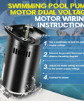 Heavy-Duty 2HP Pool Pump Motor, 230V Single Speed with dual voltage wiring instructions shown near pool