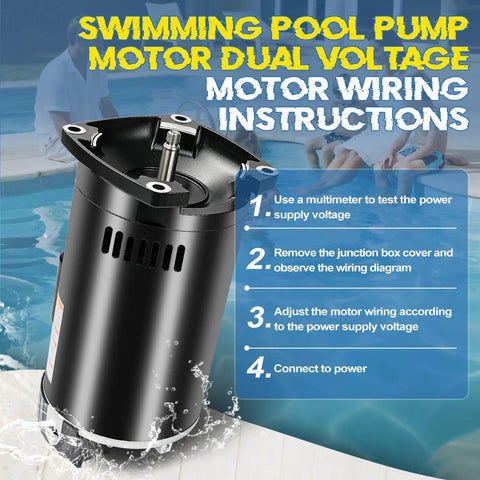 Heavy-Duty 2HP Pool Pump Motor, 230V Single Speed with dual voltage wiring instructions shown near pool