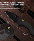 Roach XL Pocket Knife 3 Point 5 Inch 14C28N Drop Point Blade Beefy Size EDC with micarta handle and frame lock viewed on brown surface.