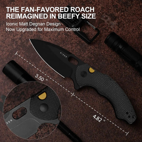 Roach XL Pocket Knife 3 Point 5 Inch 14C28N Drop Point Blade Beefy Size EDC with micarta handle and frame lock viewed on brown surface.
