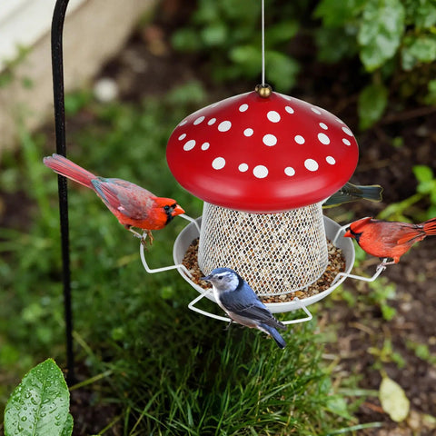Heavy Duty Metal Mushroom Bird Feeder For Outdoor Hanging In The Garden Or Yard, Cute Red Bird Feeder That Attracts More Birds