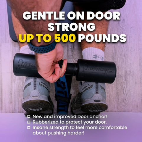 Nordic Hamstring Curl Strap For Home And Travel used for door anchoring, showing hand grip and foam padding, supports up to 500 pounds.