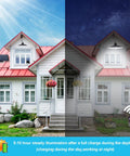 Day and night view of house with Solar Powered Shed Lights With 3 Heads And Remote Control No Fuss IP65 Weatherproof Outdoor Indoor