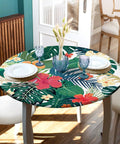Round Fitted Tablecloth Soft Polyester With Elastic Edge Tropical Palm Leaves Outdoor Table Cover Waterproof Easy Care For Kitchen And Party Or Picnic Fits 40 To 44 Inch Diameter Round Tables