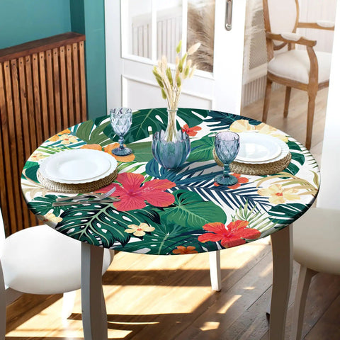 Round Fitted Tablecloth Soft Polyester With Elastic Edge Tropical Palm Leaves Outdoor Table Cover Waterproof Easy Care For Kitchen And Party Or Picnic Fits 40 To 44 Inch Diameter Round Tables