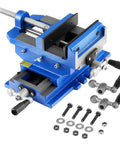 Cross Slide Drill Press Vise With 6 Inch Jaw 2 Way X Y Axis Heavy Duty Cast Iron Bench Vise Clamp in blue with handles and screws