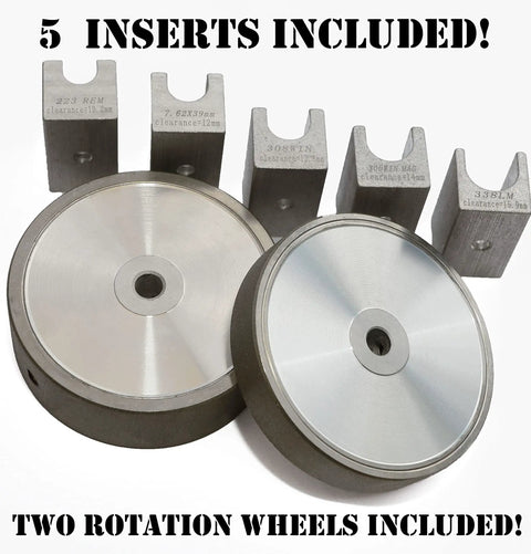 Beefy Brass Annealing Case Tool Kit With Diamond Grit Wheels And Stainless Steel Case showing two wheels and five caliber inserts