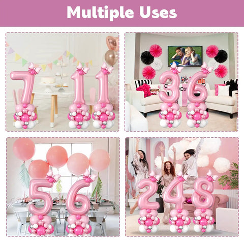 40 Inch Pink Number 2 Balloon Tower Kit For A 2nd Birthday Bash Includes A Giant Pink 2 Foil Balloon, Star Balloons, Mini Bow, And A 12 Inch Balloon Mix In Rose Red, Macaron Pink And White For A Cute Girls Celebration displayed with various number options in decorated rooms.