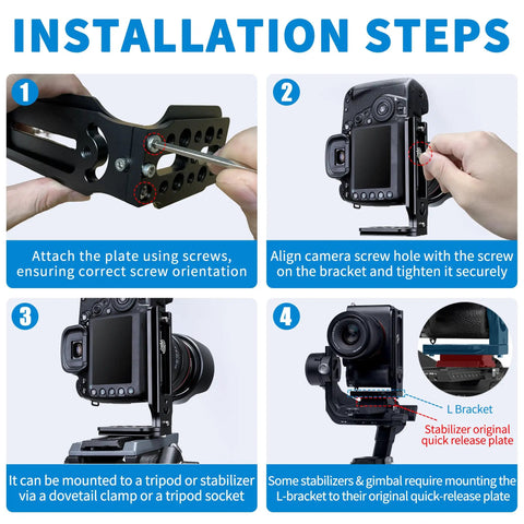 Installation steps for DSLR L Bracket Quick Release Plate With Vertical And Horizontal Switching Arca Compatible.
